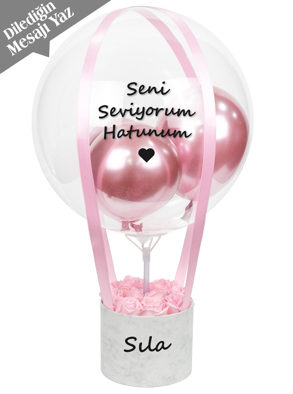 Mermer Desenli Kalıcı Pembe Gül Balon Kutusu