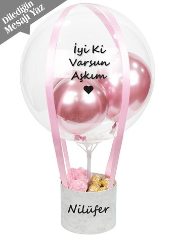 Mermer Desenli Kutuda Kalıcı Pembe Gül ve Çikolata Balon Kutusu