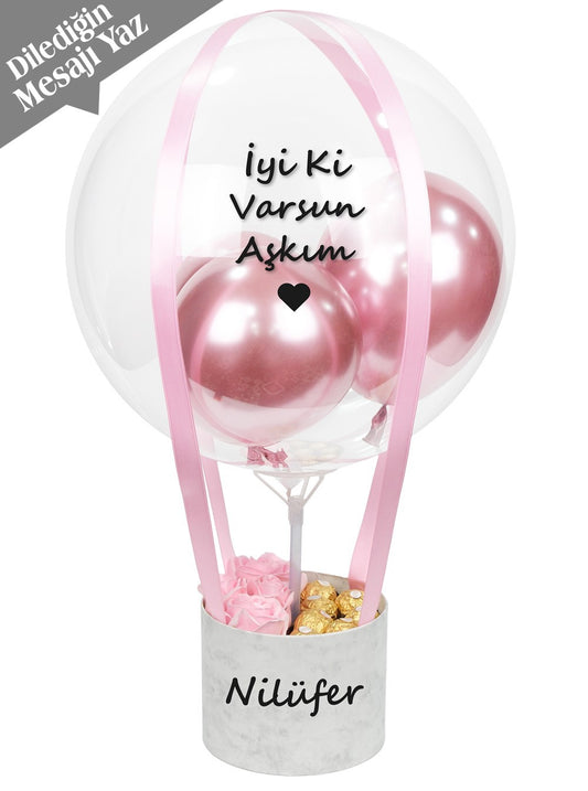 Mermer Desenli Kutuda Kalıcı Pembe Gül ve Çikolata Balon Kutusu