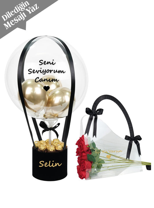 Kişiye Özel Çikolata Balon Kutusu ve Kalıcı Gül Çanta