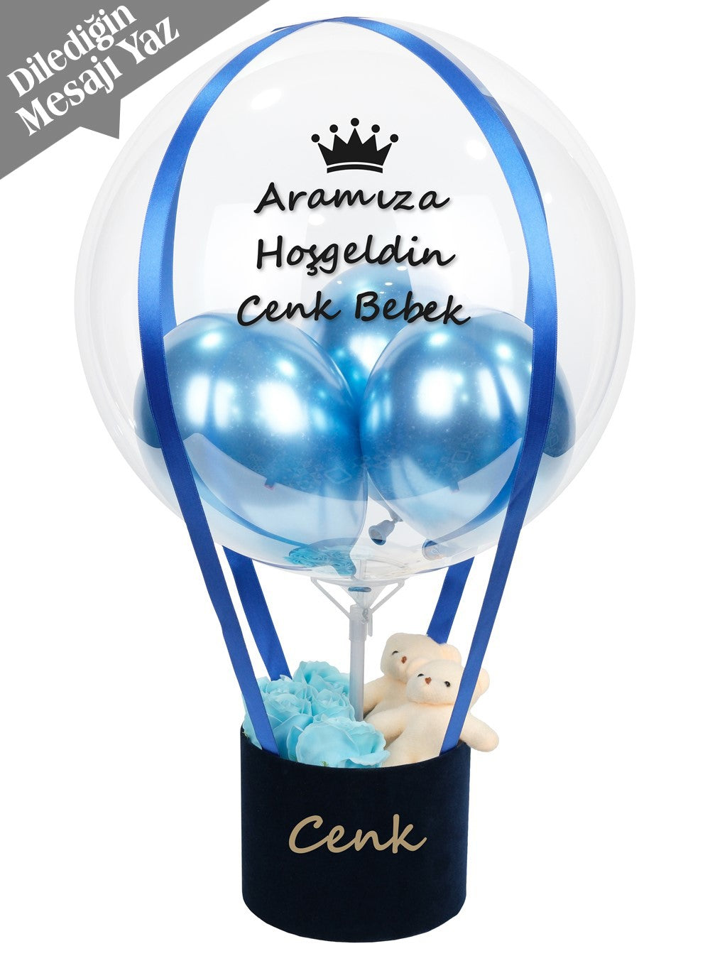 Mavi Balon Kutusu Kalıcı Gül ve Ayıcık Balon Kutusu