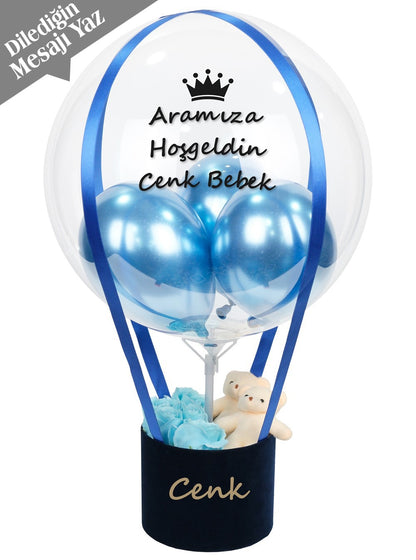 Mavi Balon Kutusu Kalıcı Gül ve Ayıcık Balon Kutusu