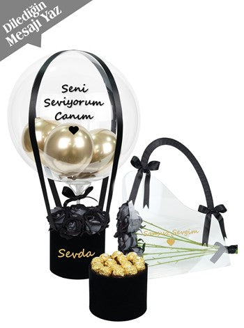Siyah Balon Kutusu Siyah Gül Çanta ve Çikolata Set