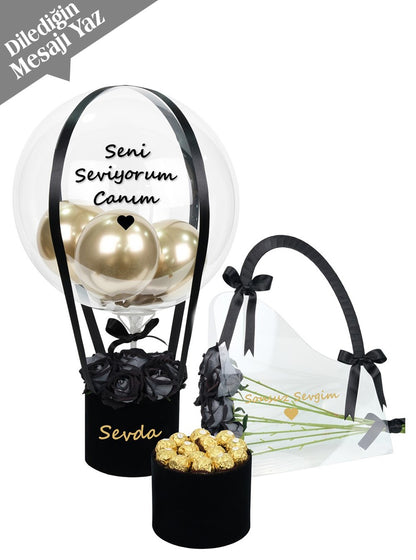 Siyah Balon Kutusu Siyah Gül Çanta ve Çikolata Set