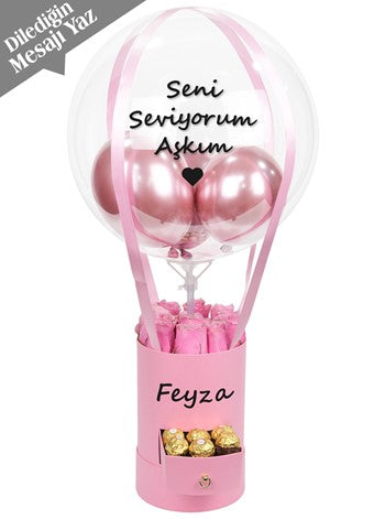 Silindir Çekmeceli Pembe Balon Kutusu ve Çikolata