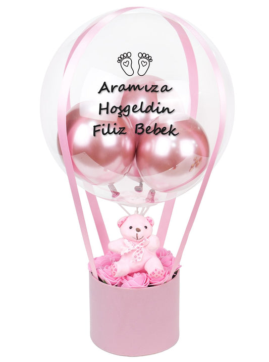 Pembe Kalıcı Güllü Ayıcıklı Balon Kutusu