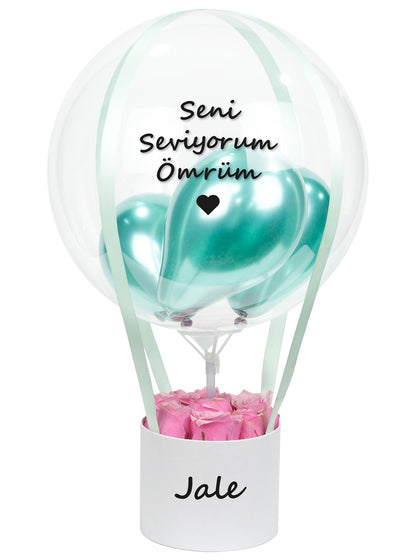 Mermer Desenli Yeşil Pembe Gül Balon Kutusu