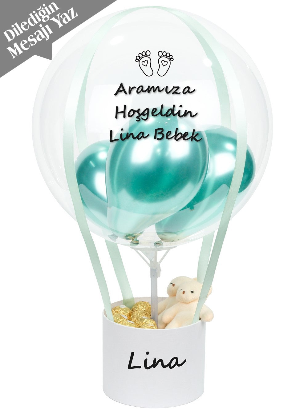 Mermer Desenli Su Yeşili Balon Kutusu Çikolata ve Ayıcık