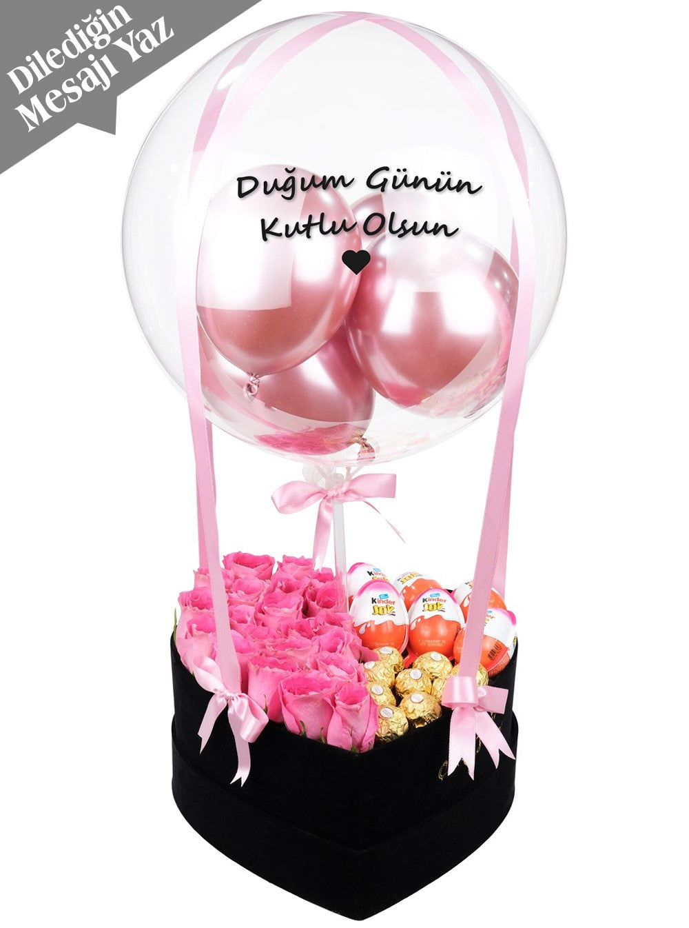 Vip Balon Kutusu Pembe Güller Çikolata Kişiye Özel v3