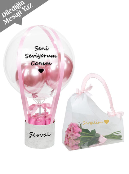 Kişiye Özel Çiçekli Balon Set Pembe Mermer Desenli