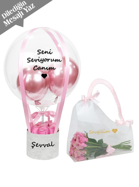 Kişiye Özel Çiçekli Balon Set Pembe Mermer Desenli