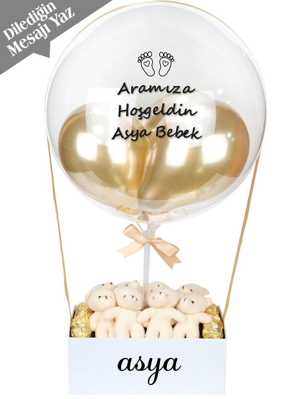 Gold Balon Kutusu Ayıcık ve Çikolata