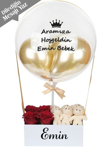 Gold Balon Kutusu Canlı Gül ve Ayıcıklar Balon Kutusu