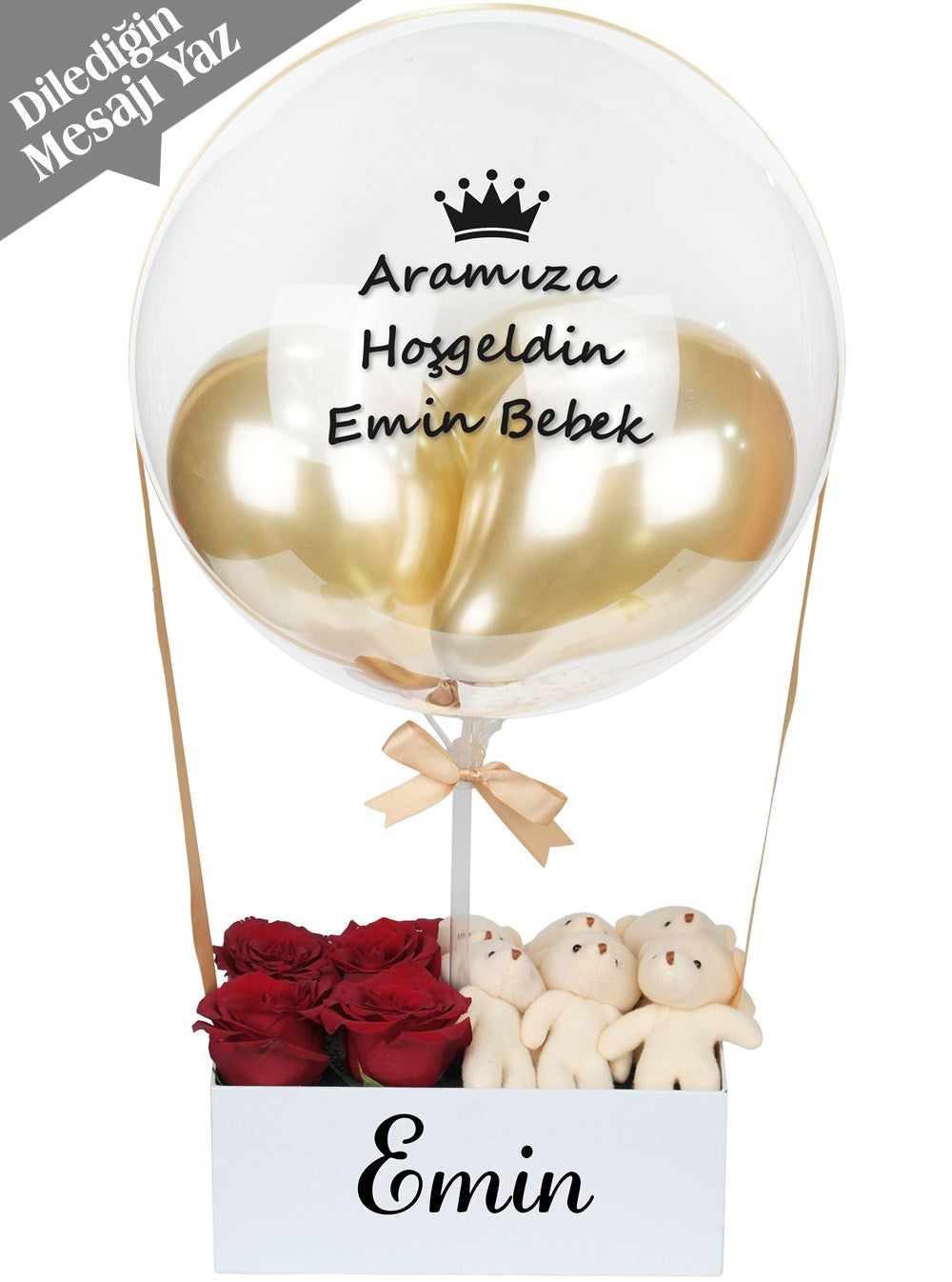 Gold Balon Kutusu Canlı Gül ve Ayıcıklar Balon Kutusu