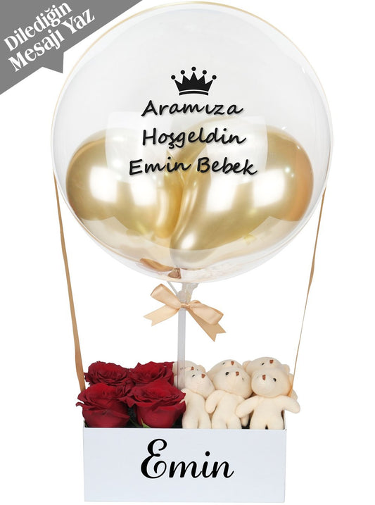 Gold Balon Kutusu Canlı Gül ve Ayıcıklar Balon Kutusu