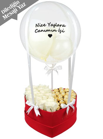 Vip Balon Kutusu Beyaz Güller Çikolata Kişiye Özel v1