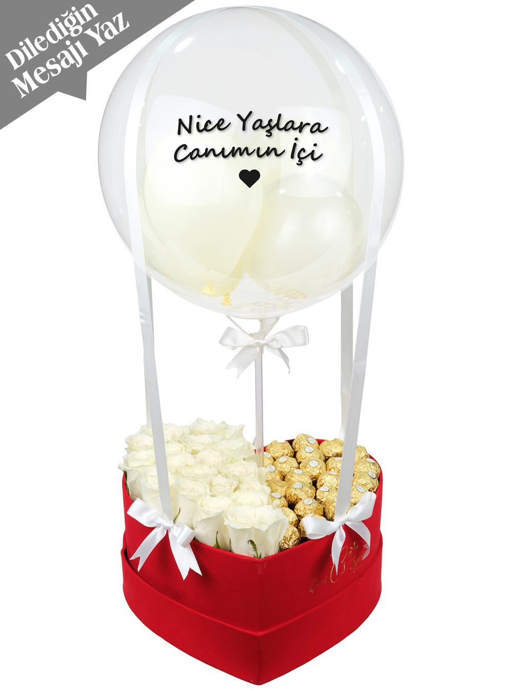 Vip Balon Kutusu Beyaz Güller Çikolata Kişiye Özel v1