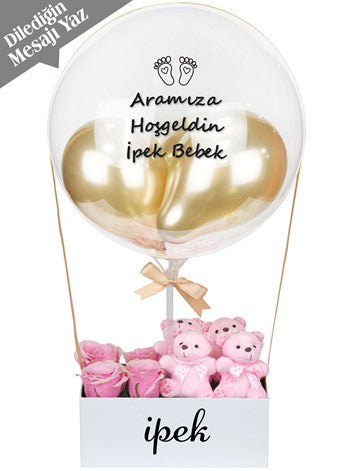 Gold Balon Kutusu Canlı Pembe Gül ve Ayıcıklar Balon Kutusu