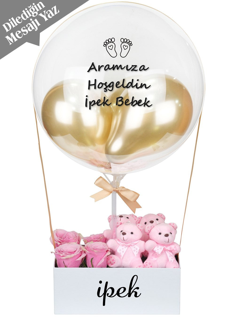 Gold Balon Kutusu Canlı Pembe Gül ve Ayıcıklar Balon Kutusu