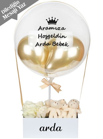 Gold Balon Kutusu Canlı Beyaz Gül ve Ayıcıklar Balon Kutusu