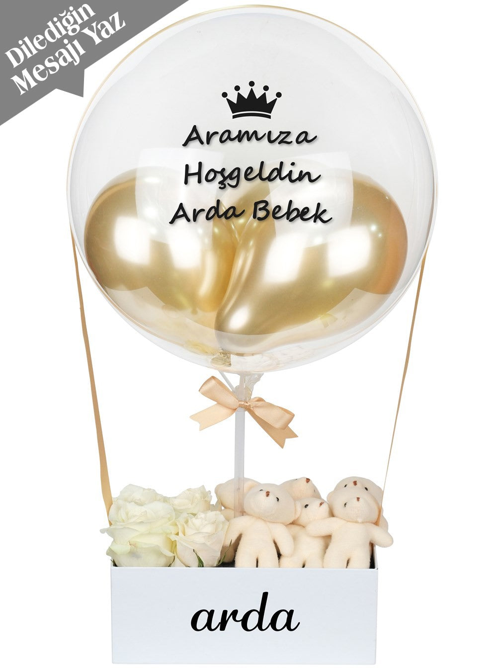 Gold Balon Kutusu Canlı Beyaz Gül ve Ayıcıklar Balon Kutusu