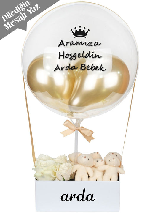Gold Balon Kutusu Canlı Beyaz Gül ve Ayıcıklar Balon Kutusu