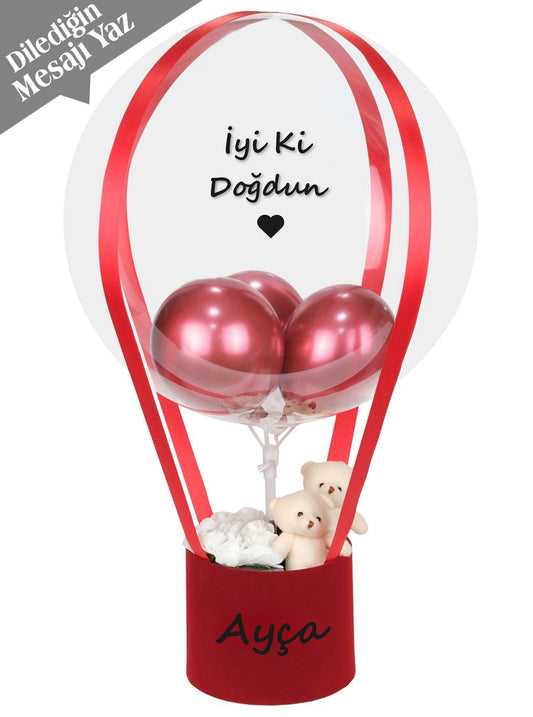 Kırmızı Kutuda Kalıcı Gül ve Ayıcık Balon Gül Kutusu