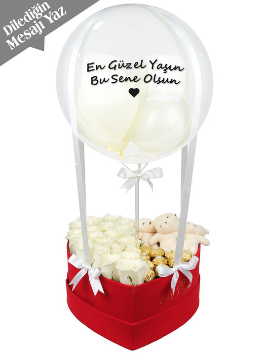 Vip Balon Kutusu Ayıcık Beyaz Güller Çikolata Kişiye Özel v2