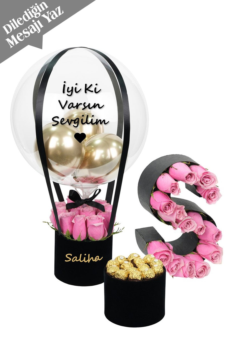Balon Kutusu Harf ve Çikolata Hediye Seti