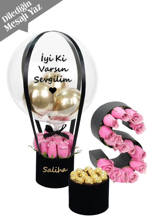 Balon Kutusu Harf ve Çikolata Hediye Seti