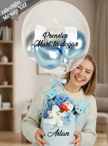 Kalıcı Yapay Çiçekler Ayıcık ve Kinder Yumurta Çiçekli Balon Kutusu Çanta Set