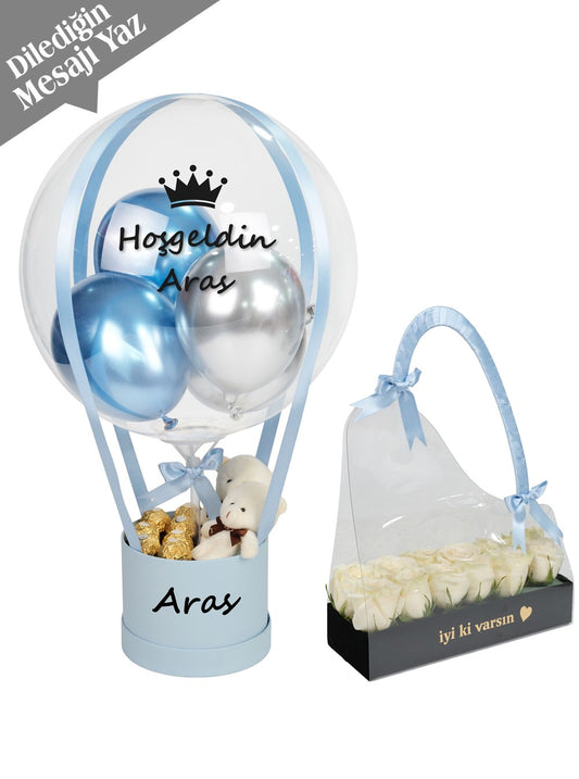 Açık Mavi Balon Kutusu ve Beyaz Gül Set