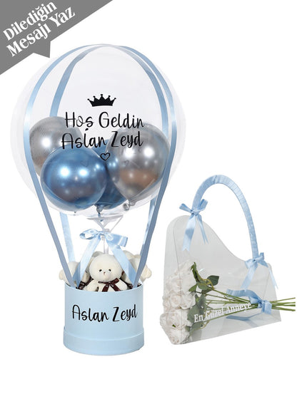Açık Mavi Balon Kutusu ve Kalıcı Gül Çanta Set
