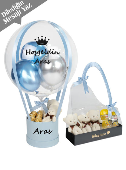 Açık Mavi Balon Kutusu Yenidoğan Bebek Hediye Seti