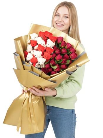 Canlı 21 Gül ve 21 Dev Ayıcık Buketi