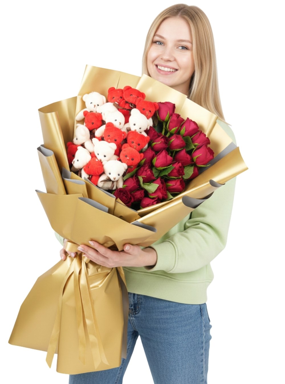 Canlı 21 Gül ve 21 Dev Ayıcık Buketi