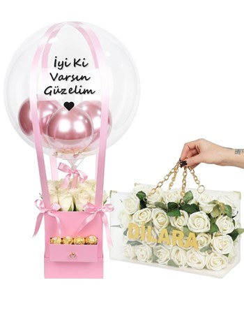 Kare Çekmeceli Kutuda Vip Balon Kutusu ve Zincirli Çanta Gül Set Kişiye Özel