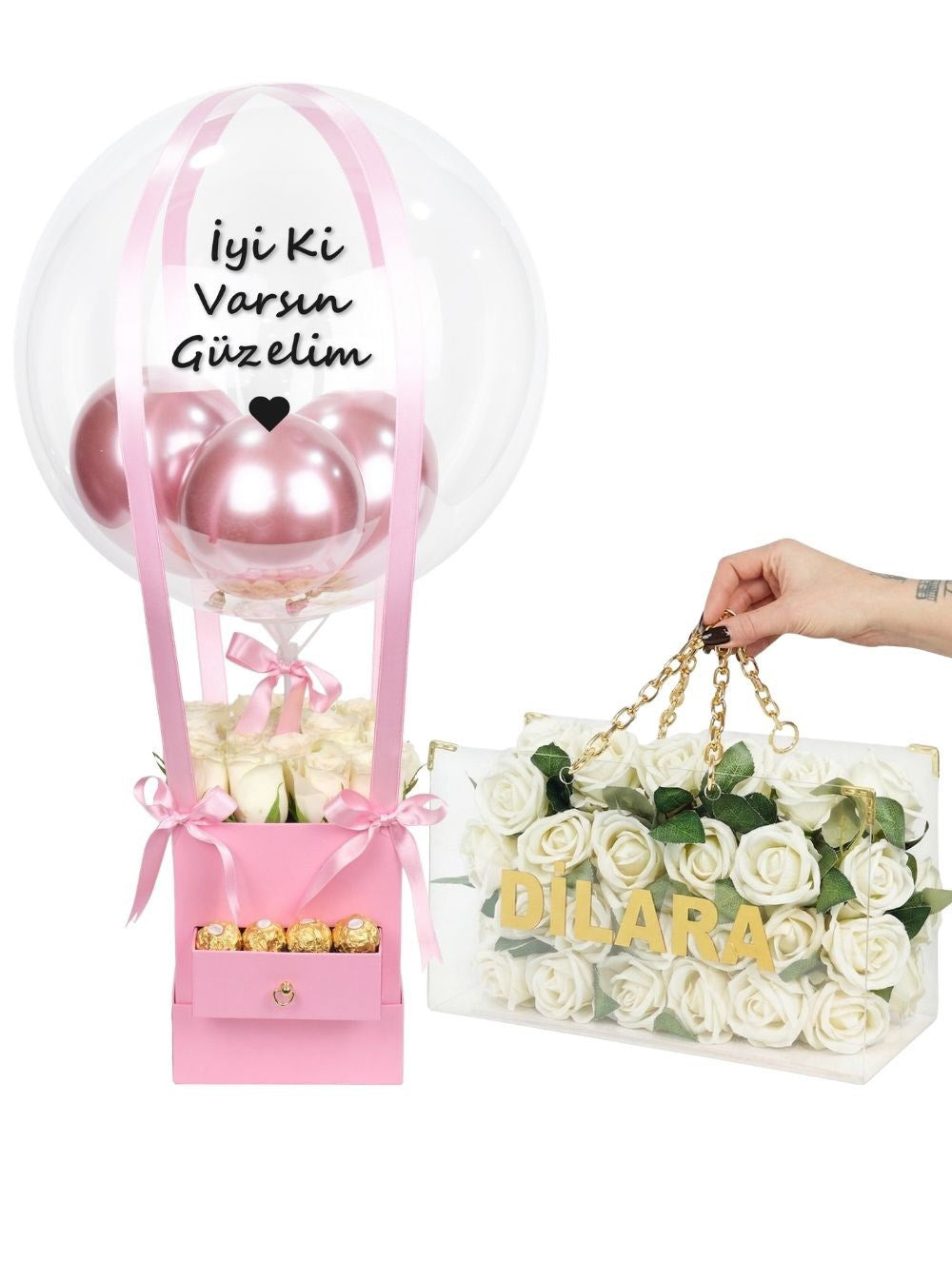 Kare Çekmeceli Kutuda Vip Balon Kutusu ve Zincirli Çanta Gül Set Kişiye Özel
