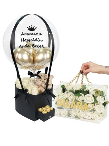 Kalp Çekmeceli Balon Kutusu ve Vip Beyaz Zincirli Çanta Set