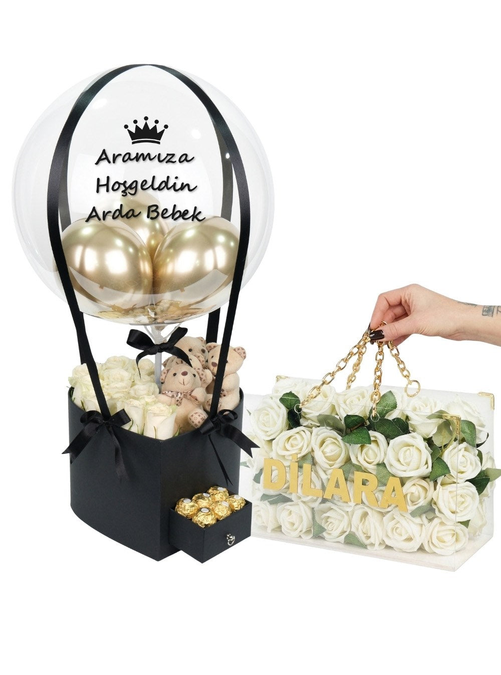 Kalp Çekmeceli Balon Kutusu ve Vip Beyaz Zincirli Çanta Set