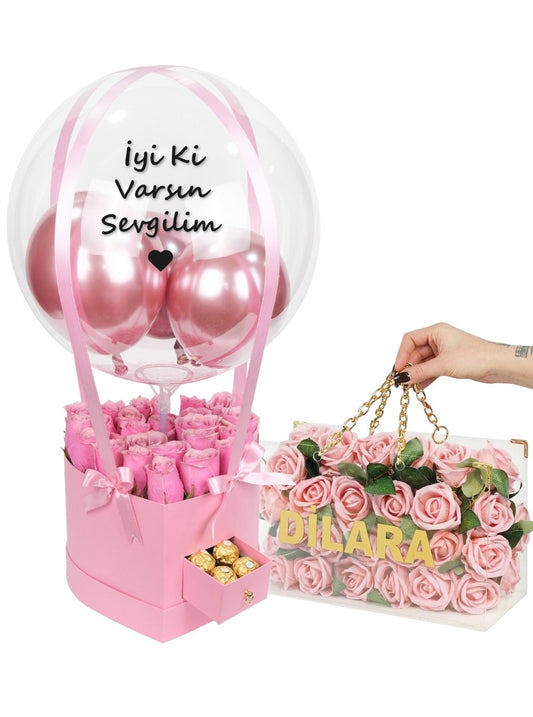 Kalp Çekmeceli Kutuda Pembe Güller ve Vip Zincirli Çanta Set