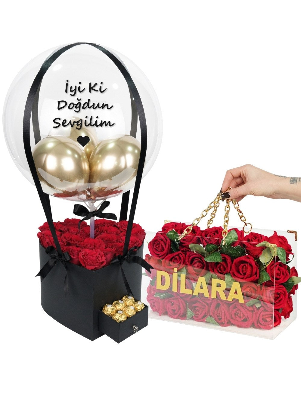 Kırmızı Kalp Çekmeceli Balon Kutusu ve Vip Zincirli Çanta Set