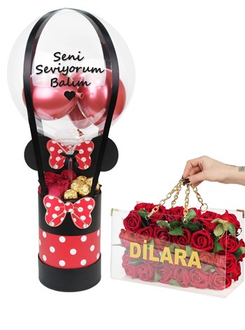 Mickey Mouse Balon Kutusu ve Kırmızı Gül Vip Zincirli Çanta Set