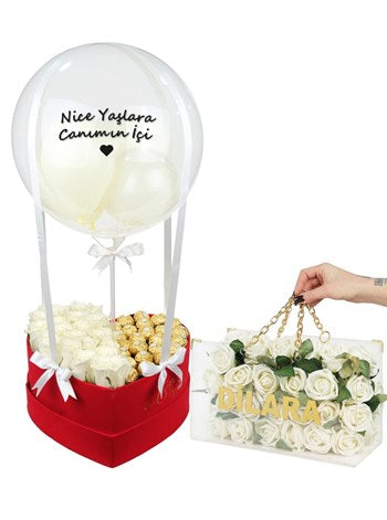 Dev Kalp Kutuda VIP Gül & Çikolata Şöleni Balon Kutusu Zincirli Çanta Set