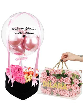 Dev Siyah Kalp Balon Kutusunda Kinder & Gül Şöleni Zincirli Vip Çanta Set