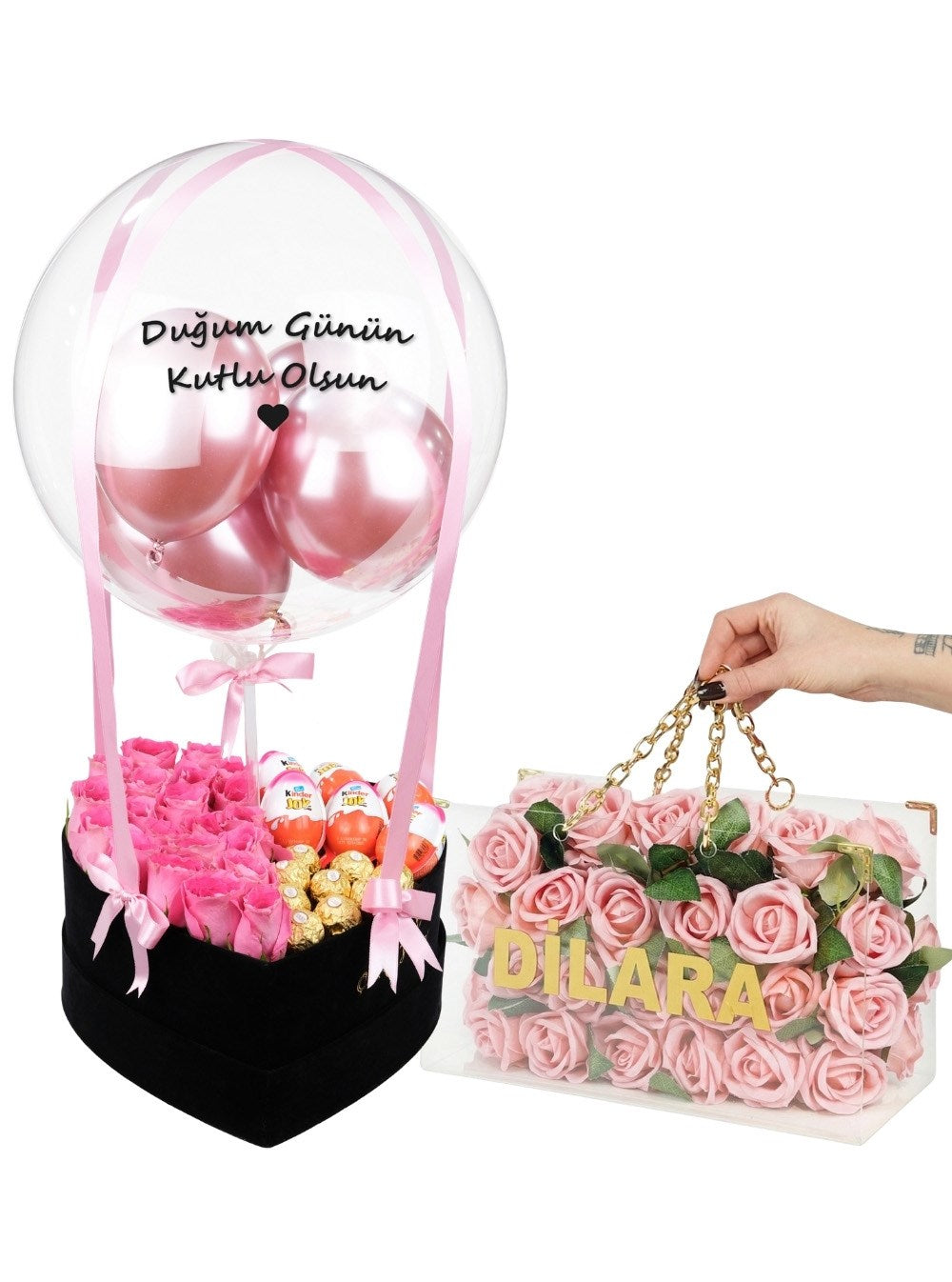 Dev Siyah Kalp Balon Kutusunda Kinder & Gül Şöleni Zincirli Vip Çanta Set