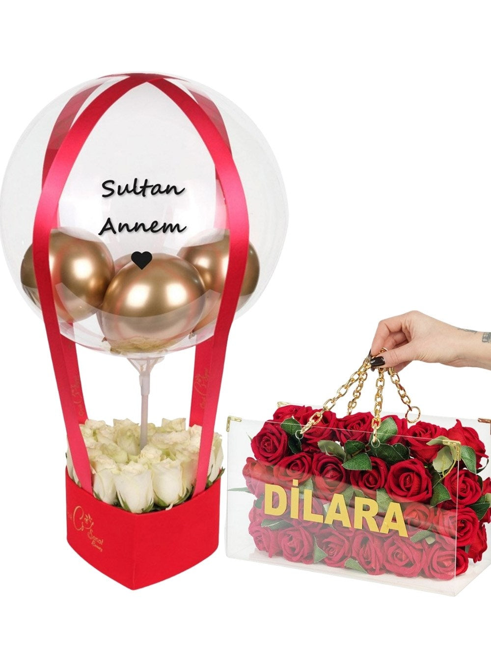 İsimli VIP Hediye Seti Kalp Balon Kutusu ve Zincirli Gül Çantası