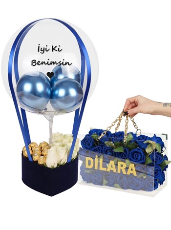 Lacivert Balon Kutusu Set Çikolata ve Vip Zincirli Çanta Kişiye Özel