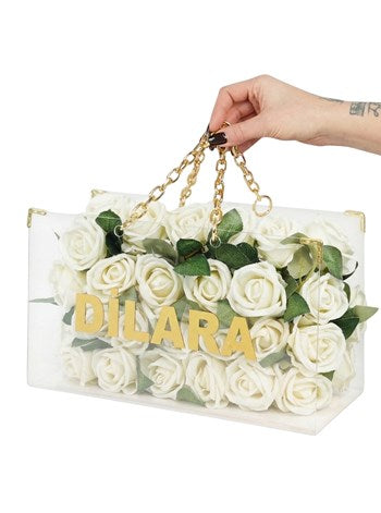 Zincirli Vip Pleksi Çantada Beyaz Güller Kişiye Özel
