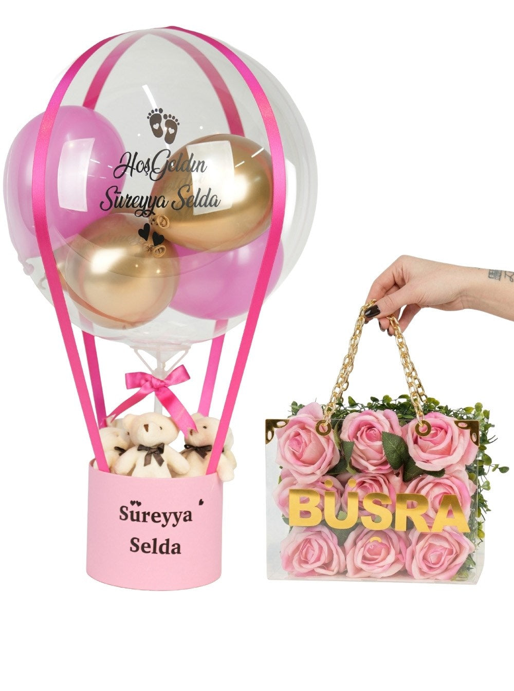 Fuşya Gold Balon Kutusu ve Pleksi Gül Çantası
